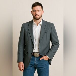 Vintage Circle S Western Blazer Blue Gray Made in USA 42R Dallas Texas